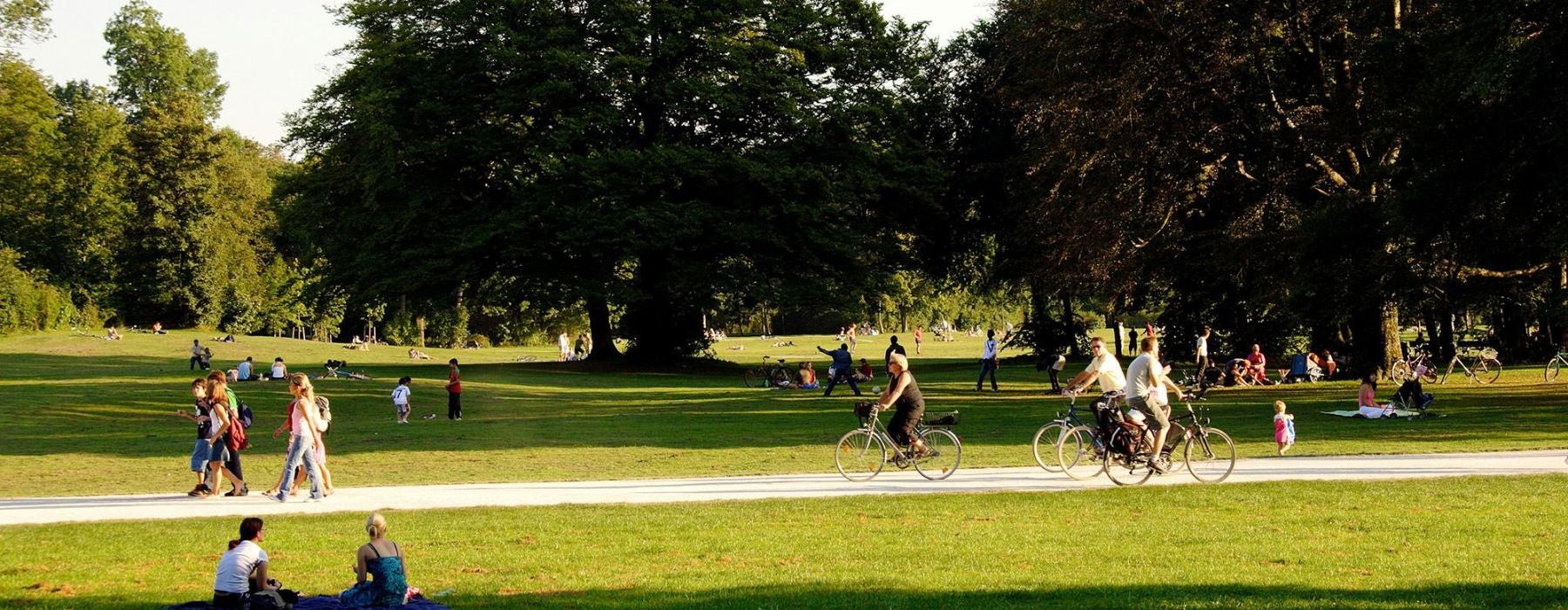 A park with many people riding bikes, having a picnic, and walking.